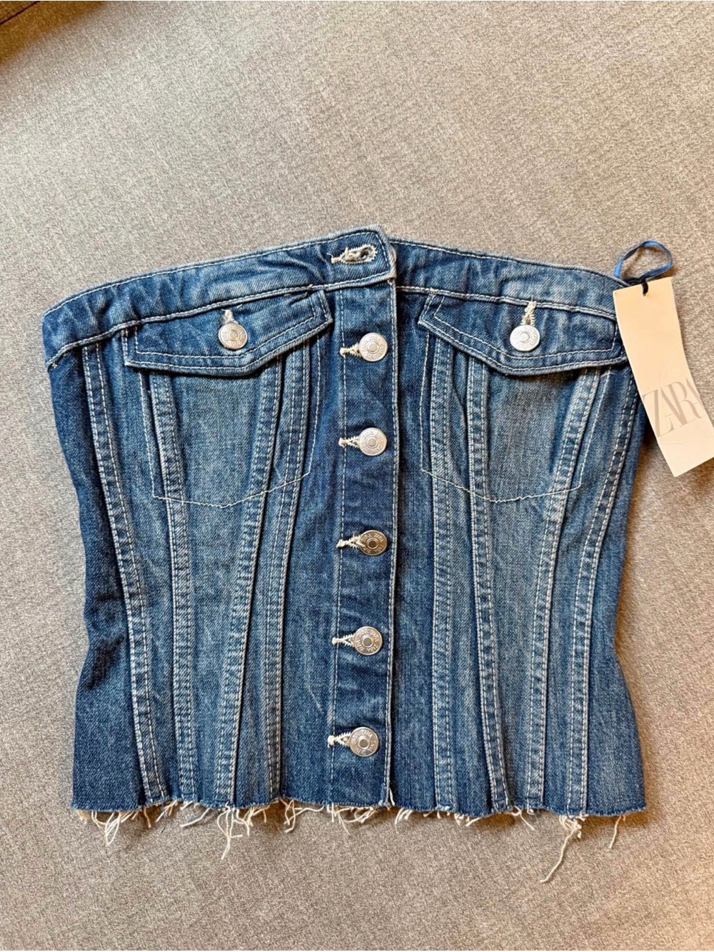 Zara Dark Blue Denim Corset Top with Button Front